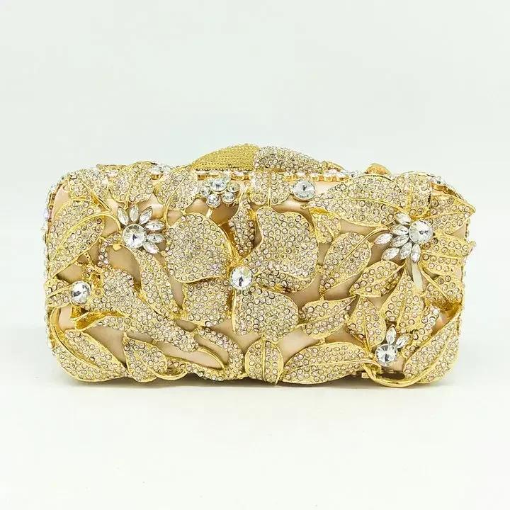 Boutique De FGG (in stock) Women Gold Flower Clutch Purses Formal Evening Handbags Floral Minaudiere Bag Crystal Clutch Bag Mini Clutch