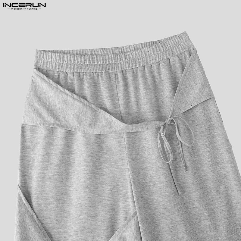 INCERUN Pantaloni lungi casual pentru bărbați, cu talie elastică, patchwork cu fundă