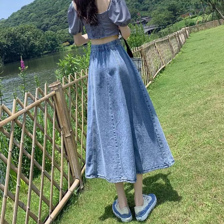 2025 Retro Elastic Waist A-line Denim Skirt - Slimming Mid-Length Design
