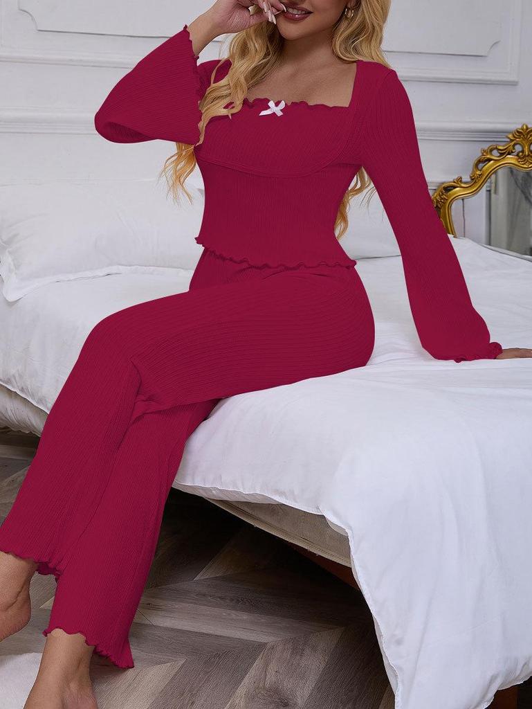Women's Bell Sleeve Pajama Set: Sexy & Simple Long Sleeve Top with Bow and Long Pants