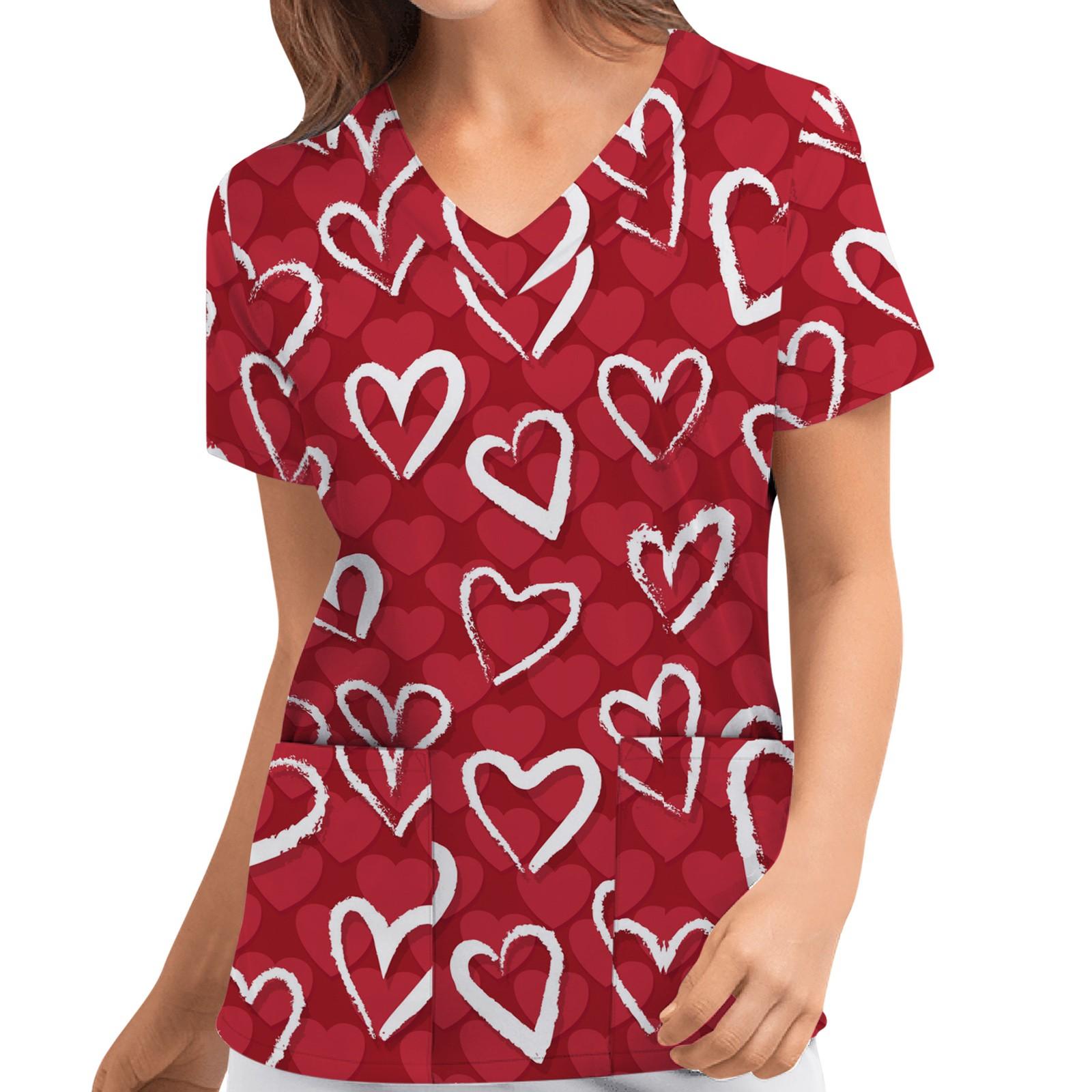 

Women Valentine s Day Love Print Short Sleeve V-Neck Pocket Carer Top XXL червоний