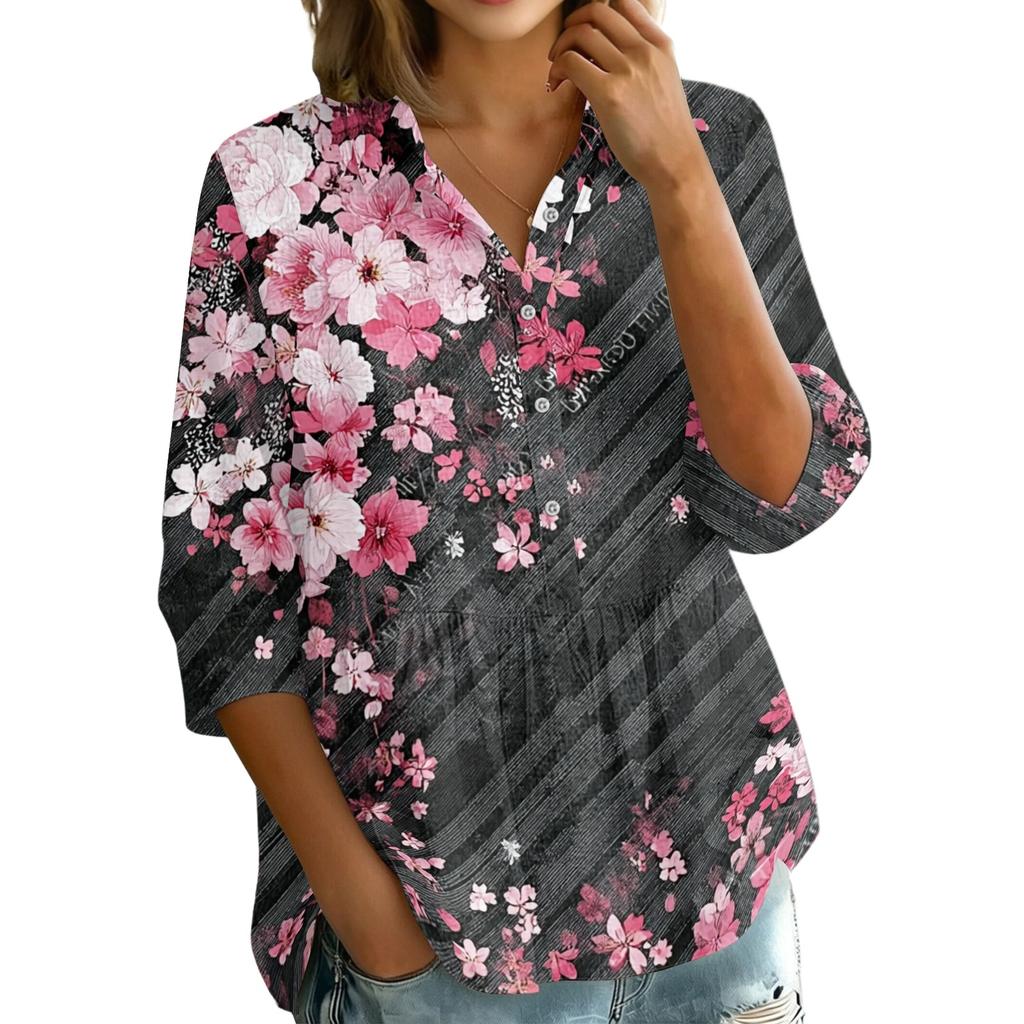 Women Button Front Collared Retro Floral Print Three Quarter Sleeve Loose Fit Shirt Blouse for Casual or Daily Wear