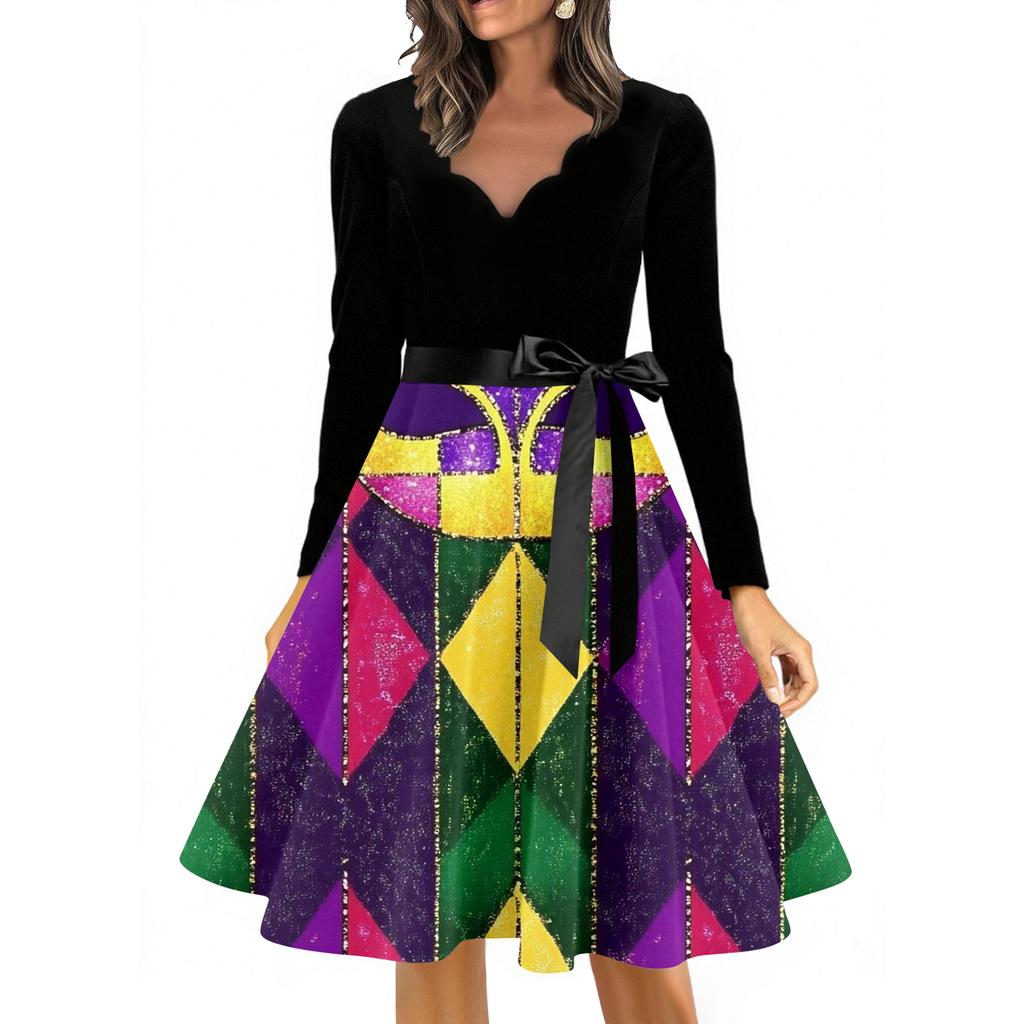 Women's Casual Fashion V Neck Long Sleeve Printed Vintage Long Dress