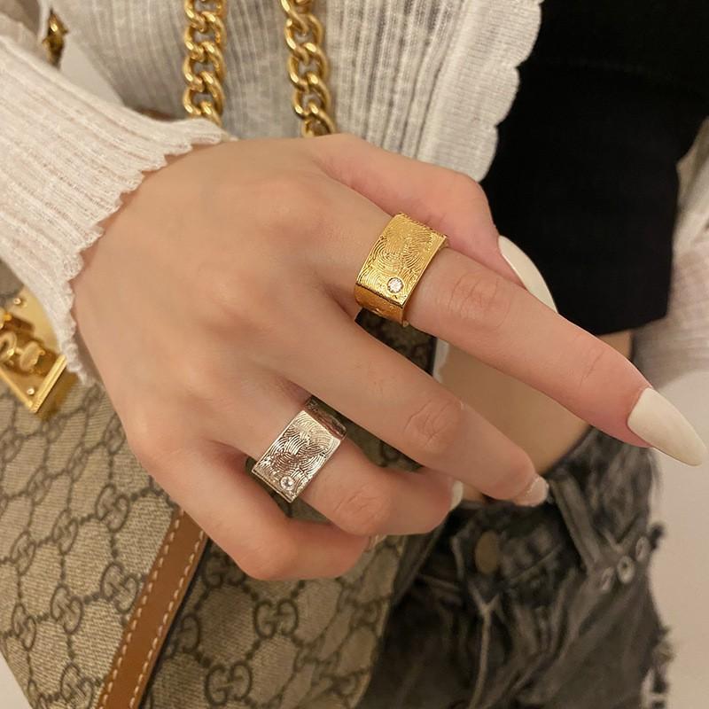 Adjustable Open Ring Men Women With Geometric Square Design Gold Plated Fingerprint Texture Finish Vintage Style Copper