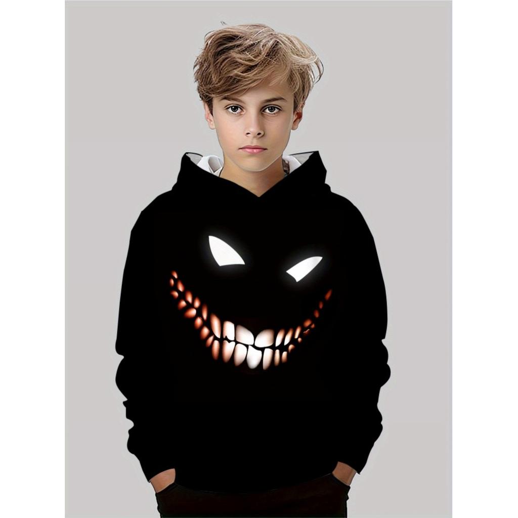Boys' 3D hooded sweatshirt, suitable for Halloween parties, lightweight and durable, featuring a bright pumpkin design