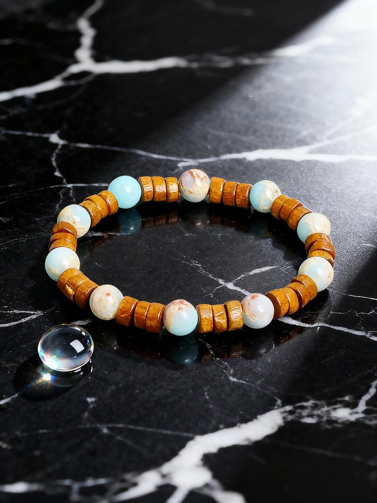 Healing Beaded Bracelet Natural Stone Vintage Yellow Wood Slice & Shoushan Stone Bead for Energy Reiki & Spiritual Charm Jewelry