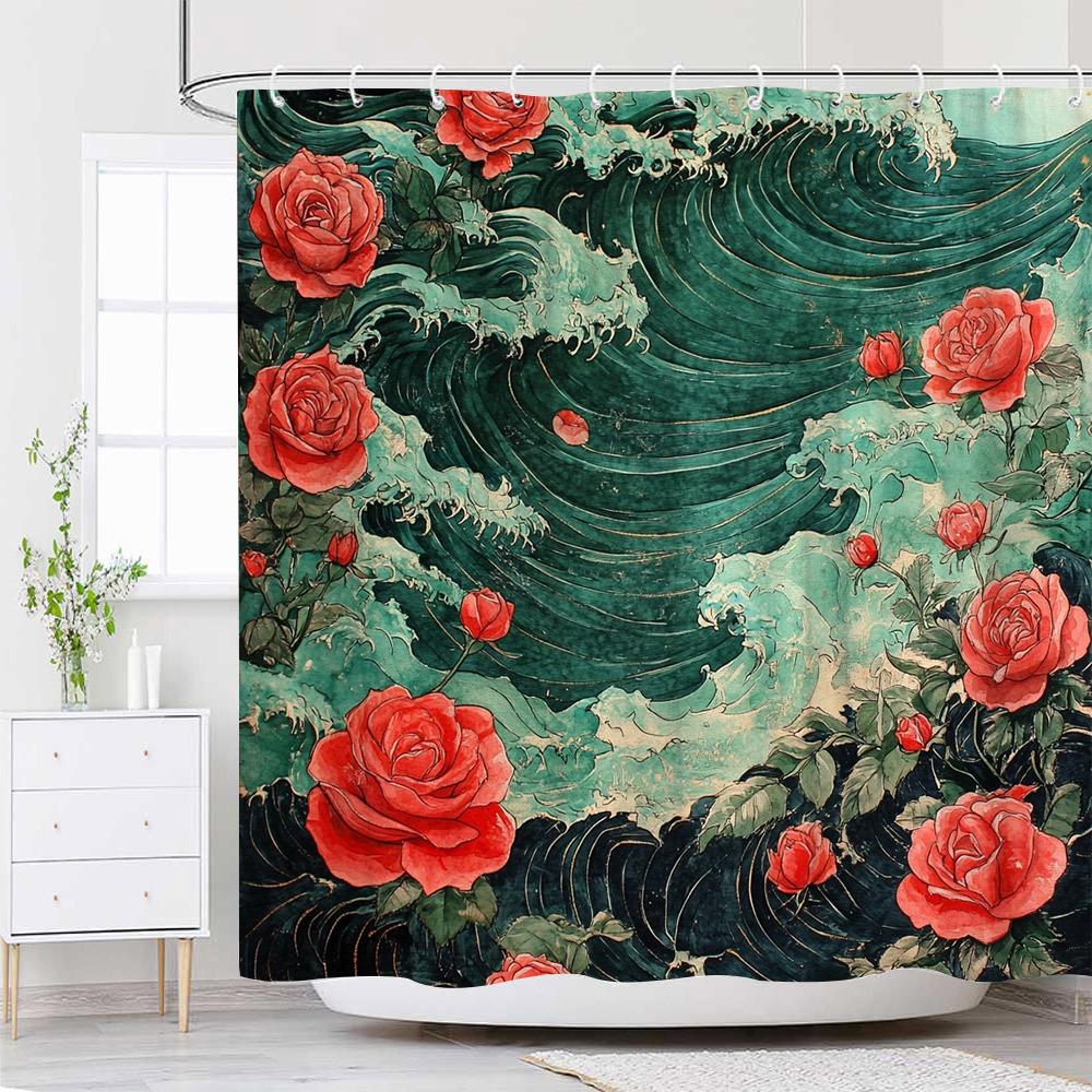 

1Pc Vibrant Ukiyo-E Style Shower Curtain With Waves & Red Roses, Polyester Fabric Bathroom Decor, 12 Hooks, 70X70 Inches, Washab 90x180cm