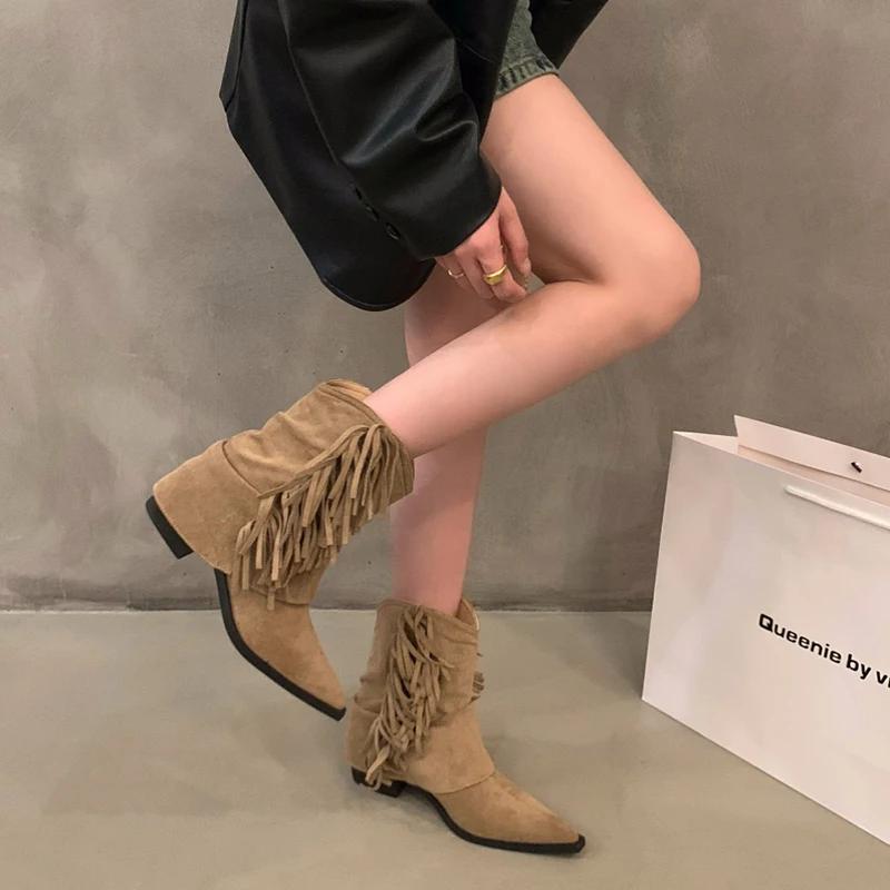 Mote Vintage dusker Kvinner Western Cowgirl-støvler Mote Elegante spisse sko Høst tykk hæl Korte støvletter for kvinner