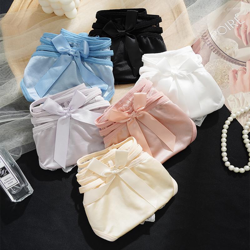 Bowknot Hollow Lace Panties for Women Satin Pure Cotton Crotch Breathable Sexy Mid-waist Women Briefs Underwear Knickers