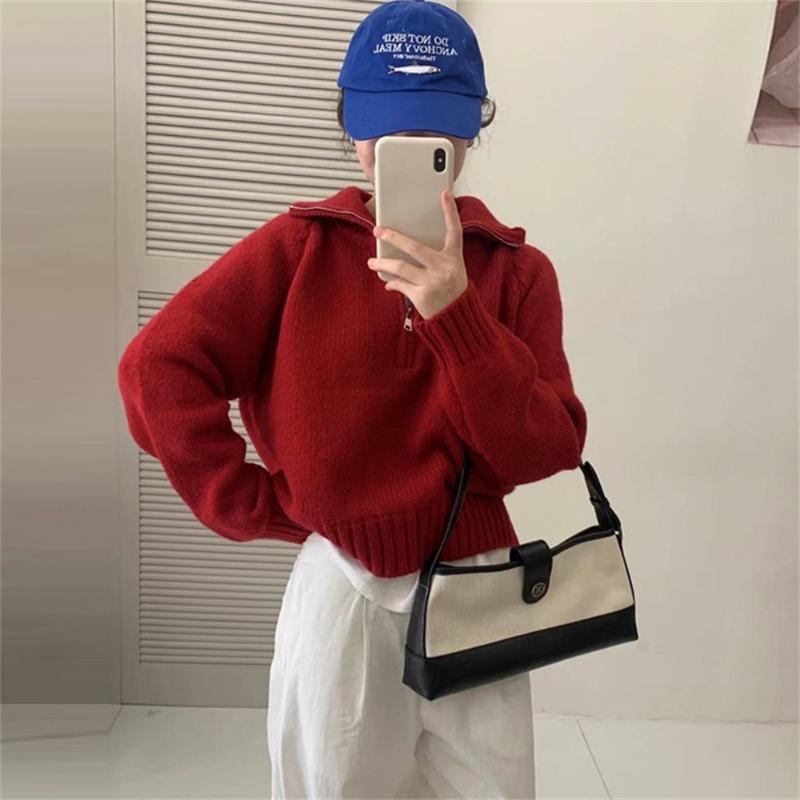 Lapel Half-zipper Short Pullover Sweater Women's Autumn and Winter New Thick Shoulder-plugged Long-sleeved Solid-color Casual Knitted Top
