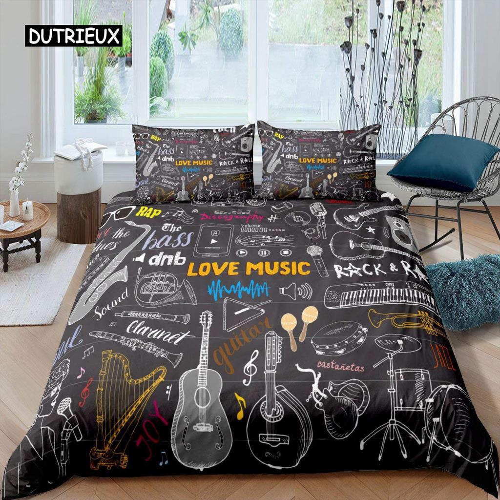 Rock Music Duvet Cover King Jazz Music Bedding Set for Teens Hip Hop Graffiti Comforter Cover Music Notes Polyester Quilt Cover
