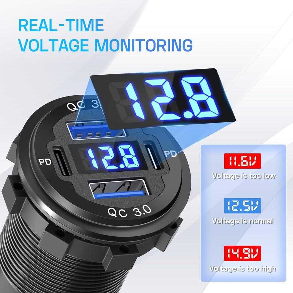 2Pcs 12V/24V Outlet With Voltmeter, Quick Charge 3.0 Dual USB Power Outlet, Waterproof Fast Charge USB Charger Socket DIY Kit For Car Boat Marine (2
