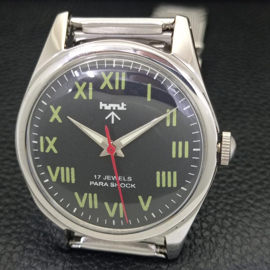 VINTAGE HMT HANDAUFZUG INDISCHE HERREN RÖMISCHE ZIFFERN SCHWARZES ZIFFERBLATT UHR a702846-1