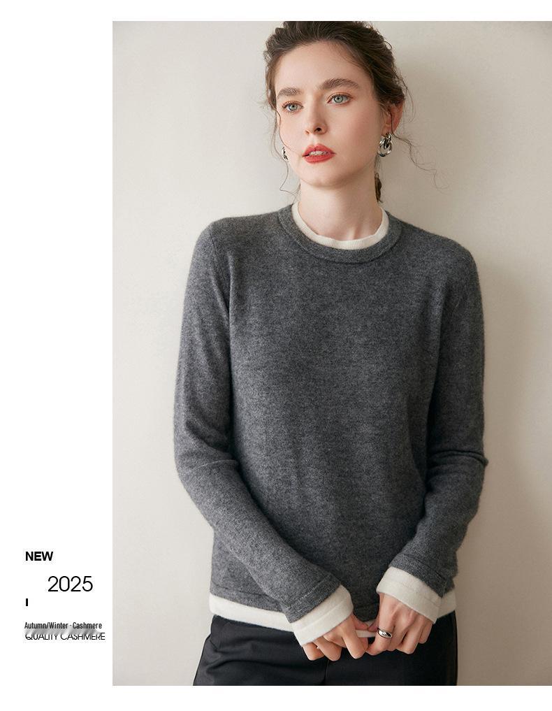 Soft & Glutinous Faux Two-Piece Cashmere Knit Sweater - Women's 2025 Autumn/Winter Round Neck Pullover