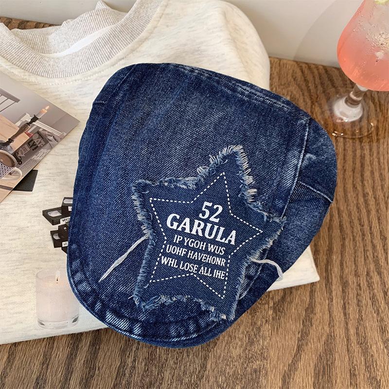 

Retro Star Chic Embroidered Denim Beret Hat For Unisex Casual Spring Fashion темно-синього кольору