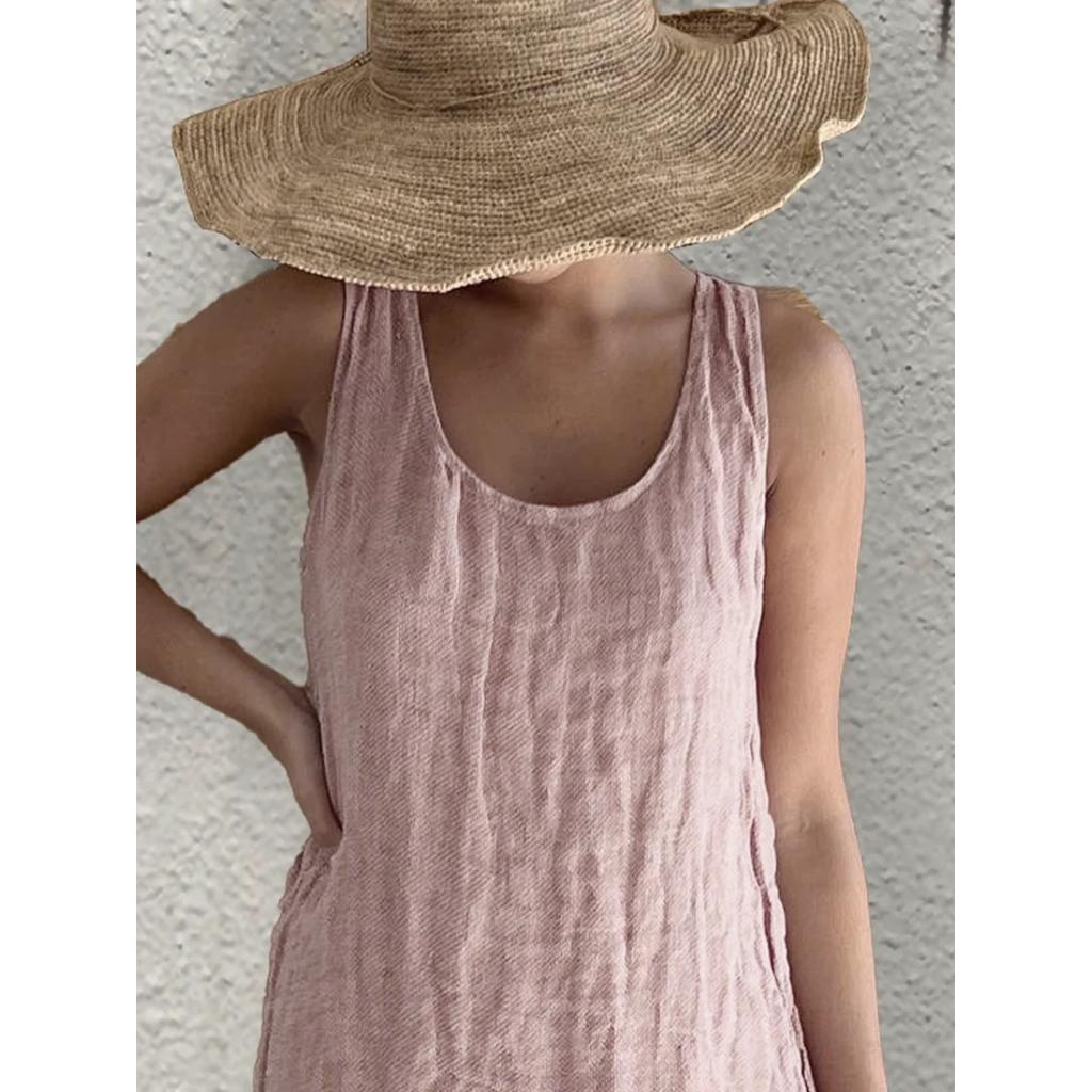 Dámské letní bavlněné a lněné ležérní volné šaty bez rukávů s kulatým výstřihem a kapsami