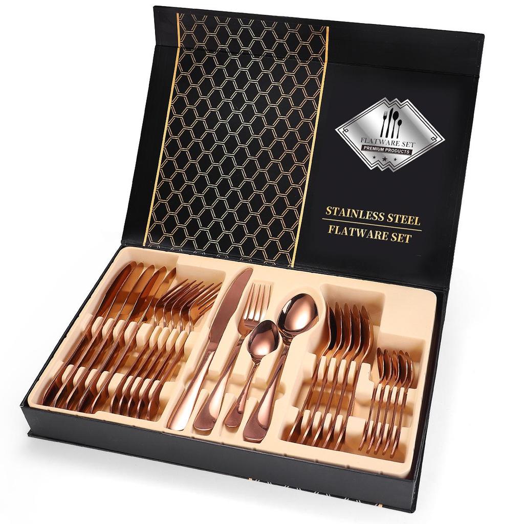 24-Piece Gold Stainless Steel Cutlery Set with Knife, Fork, Spoon & Household Storage Rack In Gift Box