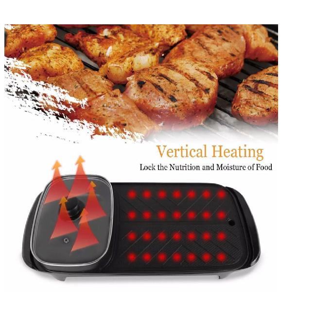 Korean Style 2 in 1 Electric Multi Cooker Barbecue Pan Hot Pot Cooker Electric Smokeless Barbecue BBQ Grill Non-Stick Coating Hotpot Roasting Baking
