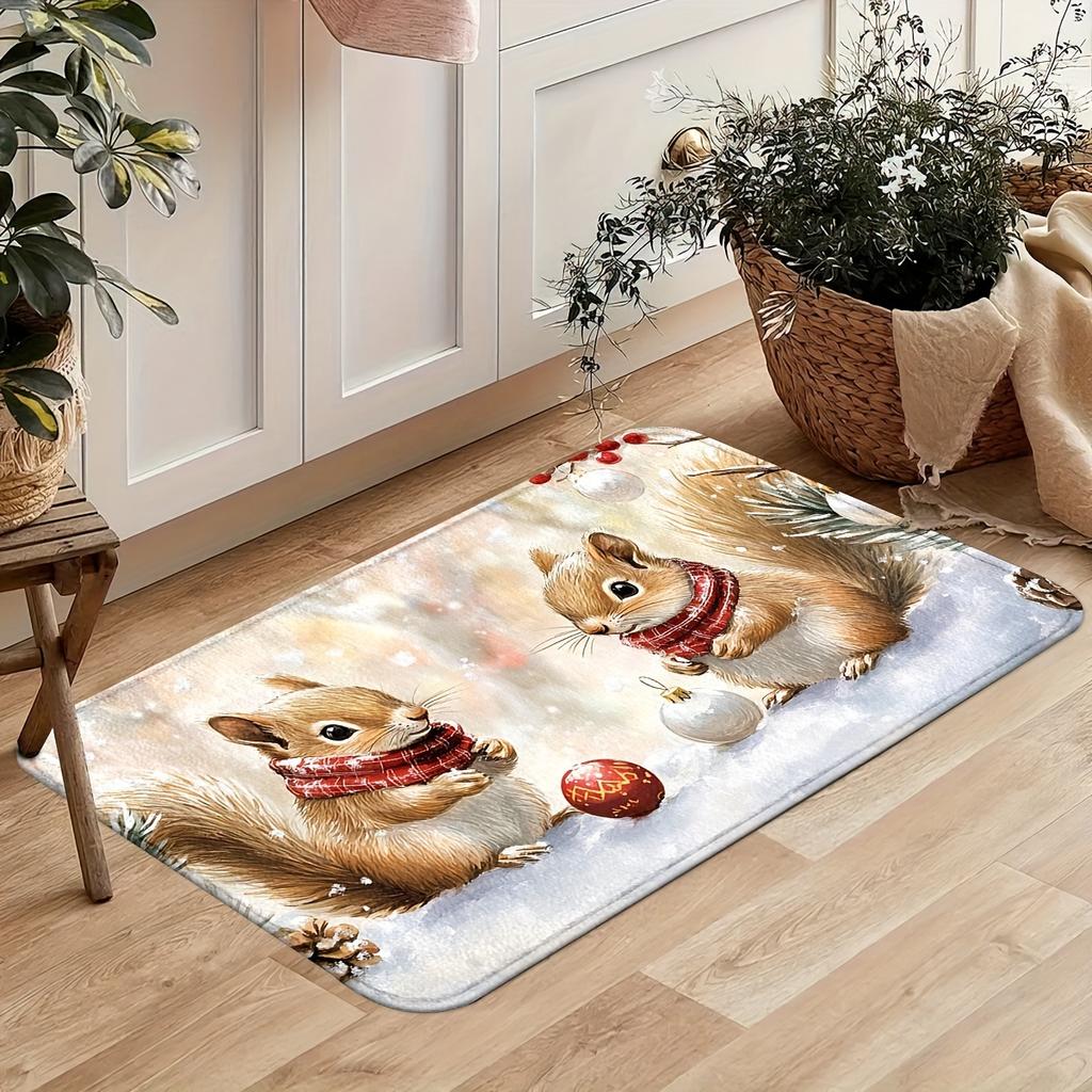1Pcs Anti Fatigue Door Rugs, Christmas Squirrel Print Waterproof Non-Slip Thick Cushioned Door Mat Heavy Duty Comfort Standing Mat for Door