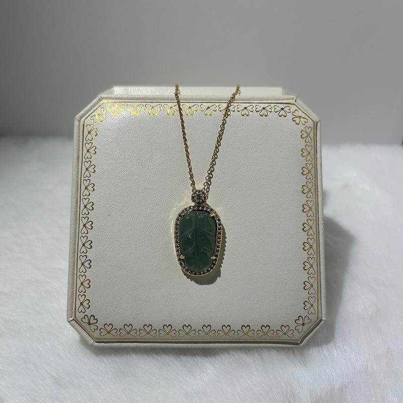 Women's Artistic Blue Jade Leaf Necklace with Gold Branch - New Chinese Style Luxury Design