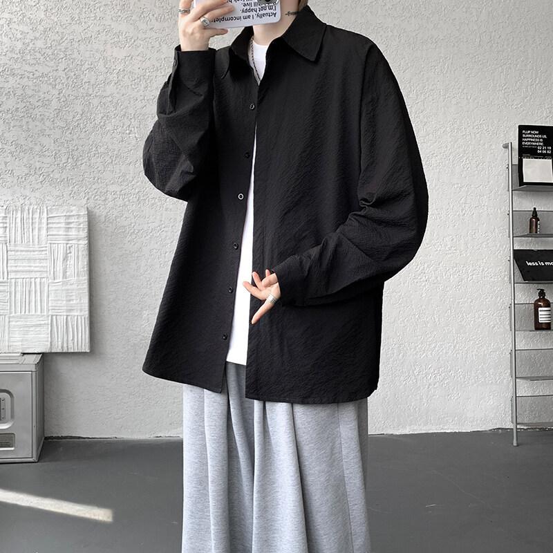 

Рубашка с длинным рукавом из ледяного шелка для мальчиков на лето, свободная большого размера, простая рубашка, куртка с лацканами M чёрный
