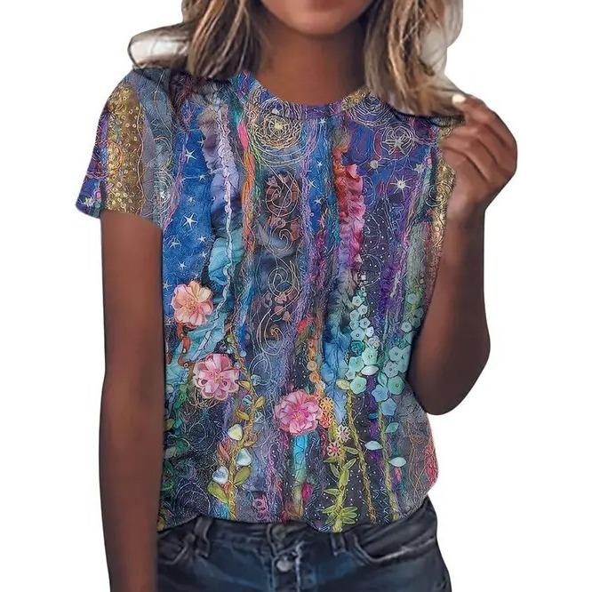 Summer Elegant Temperament Retro 3D Flower Pattern Printed Round Neck Short Sleeved Women's T-shirts