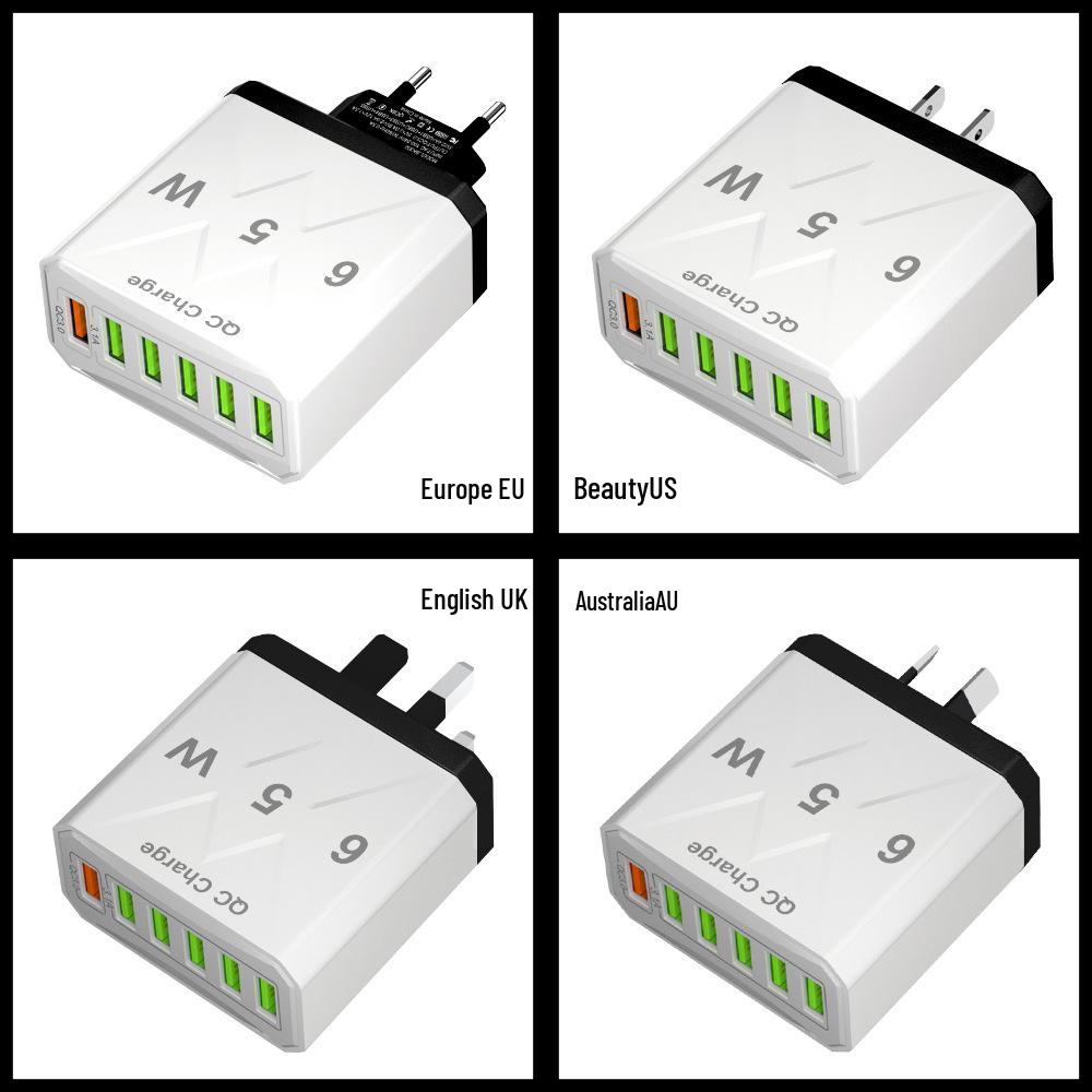 65W High-Power 6-Port USB Fast Charger for Mobile Phones (US/EU/UK Standard)