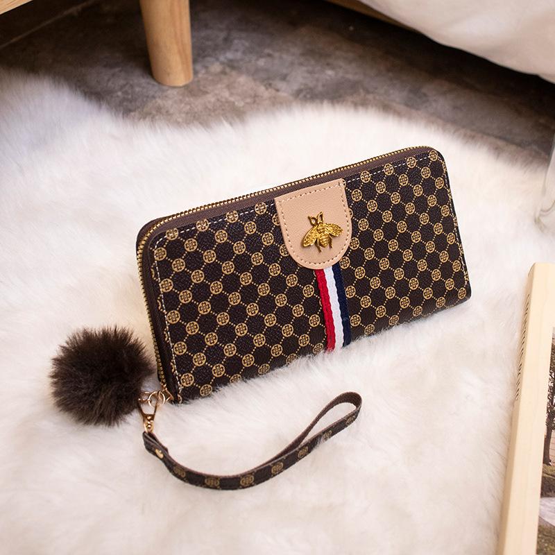 Новый женский кошелек контрастного цвета повседневный с принтом с этикеткой в виде пчелы кошелек для мелочи украшение в виде помпона средний и длинный клатч коричневый 2379₽