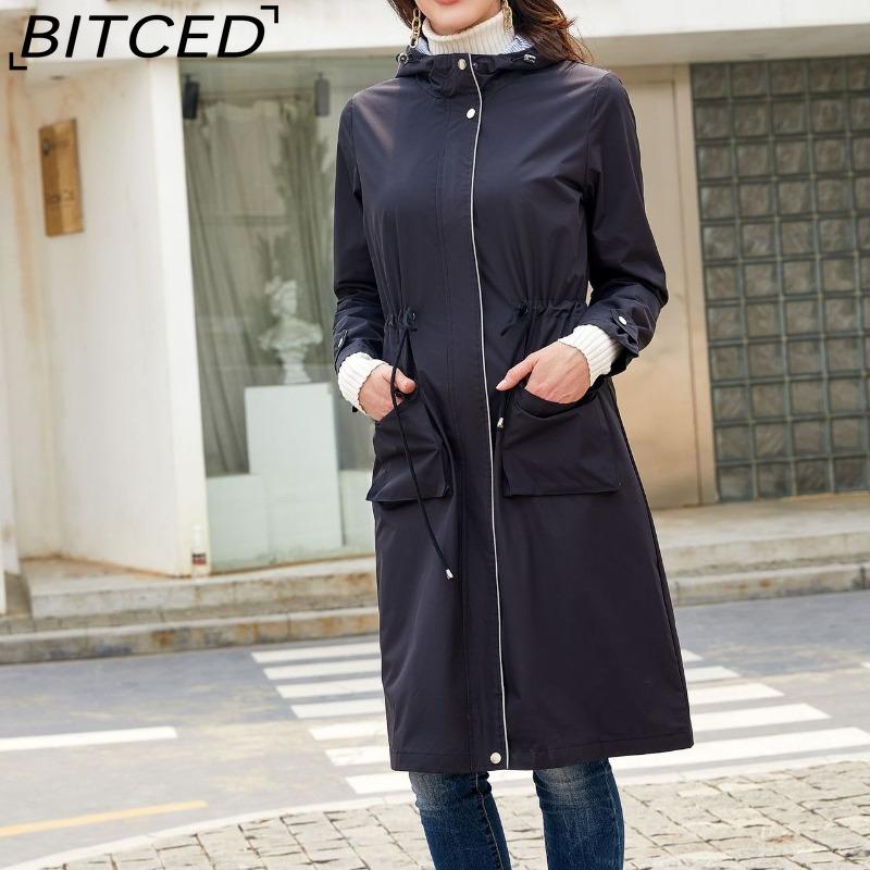 BITCED Spring/Fall Long-Sleeve Casual Trench Coat for Women Water-Resistant Hooded Solid-Color Top Striped Lining Straight-Cut Jacket