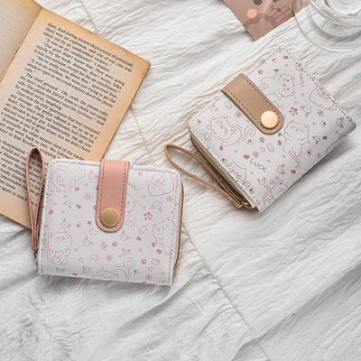 Cute Cat Pu Leather Coin Purse Women Fashion Short Wallet Folding Zipper Wallet Id Card Holder Travel Lightweight Cash Coin Bags