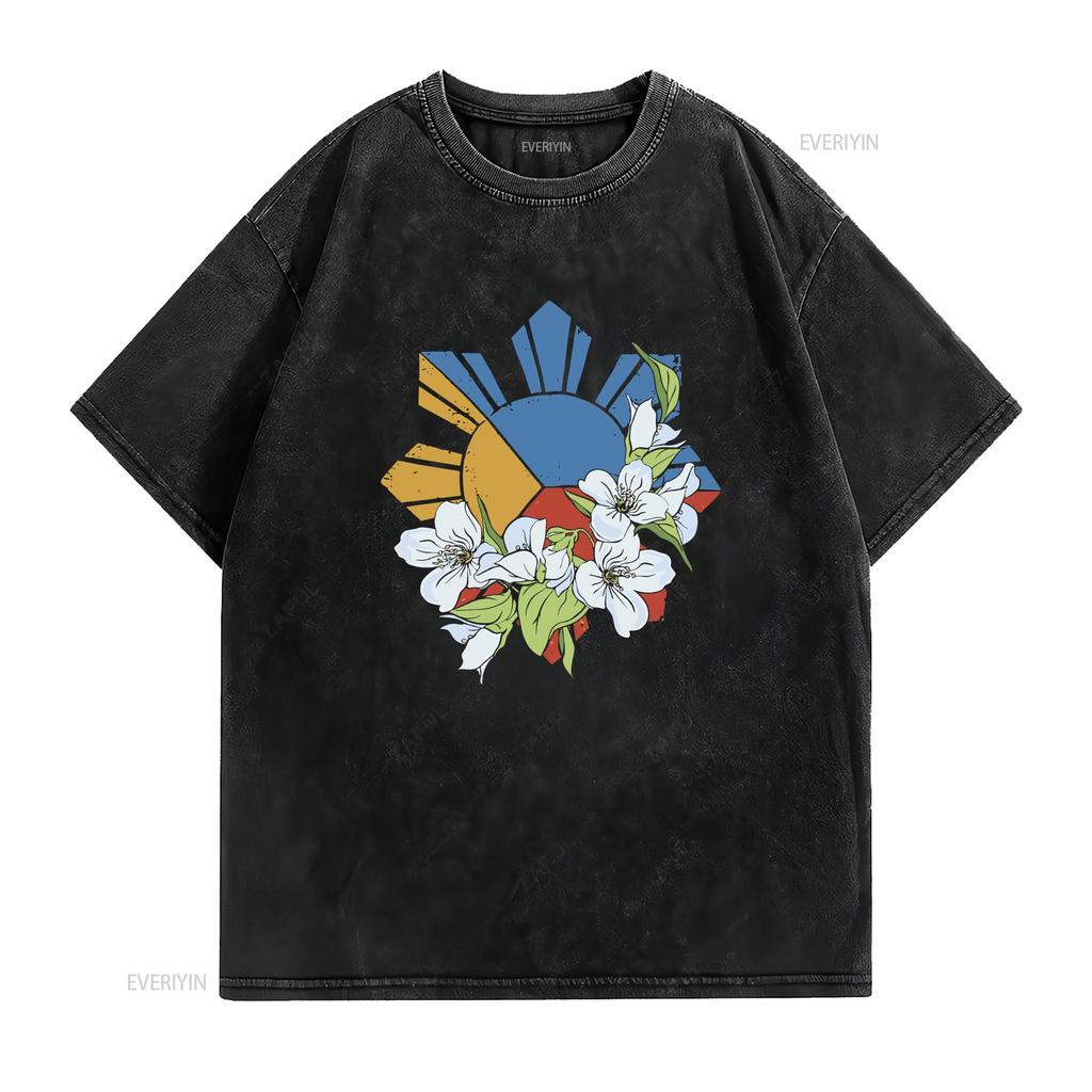 Filipino Flag Sun and Stars Sampaguita T Shirt Crewneck Symbol Philippines  vintage Washed Top For Everyday Wear Stretched