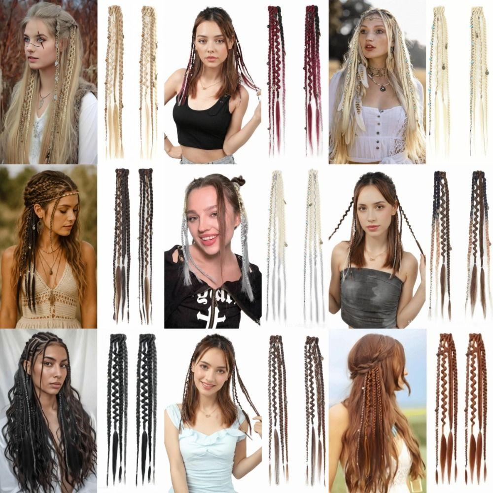 2Pcs Handmade Bohemia Clip In Hair Extensions 16/20 Inches Braided Ponytails  for Women