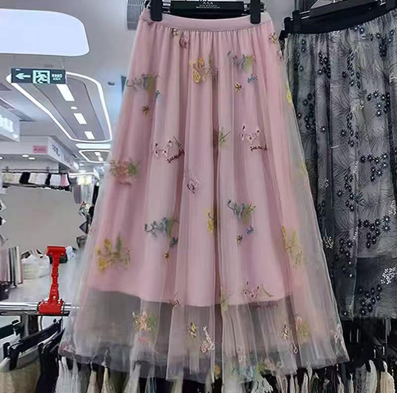 Embroidered Floral Mesh High-Waist A-Line Mid-Length Skirt for Women