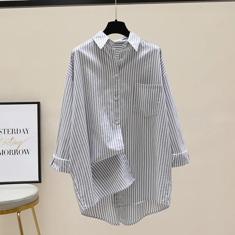 

Women s Blue & White Striped Oversized Shirt Long Sleeve Button Down Blouse with Chest Pocket S