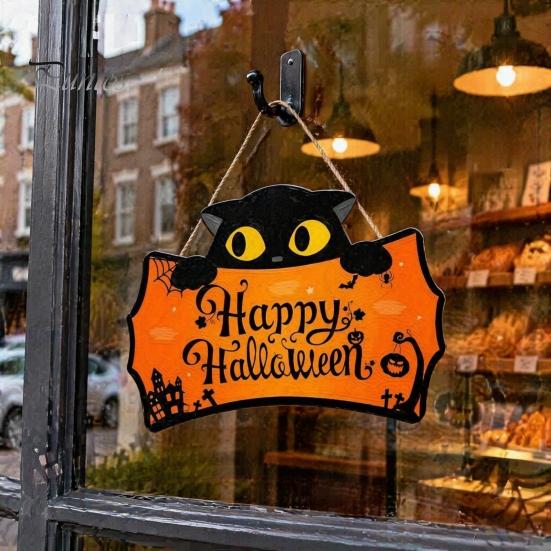 Halloween Yard Hanging Signs Wooden Door Plaque, Printed Black Cat Pumpkin Castle Spider Web Front Creative Gifts Sign, Waterproof Ornament for Indoor