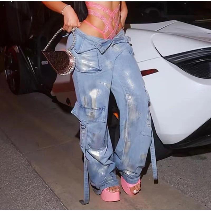 Modischer Druck Heißes Silber Hohe Taille Denim Lange Hosen für Damen Trendige Taschen Gerade Jeans Damen 2026 Frühling Herbst Damen Party Jeans