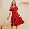 Summer Women Casual Dress Chiffon Medium Long A-Line Short Sleeve Square Collar Ruffles Dot Print Pattern Red Black Blue Green