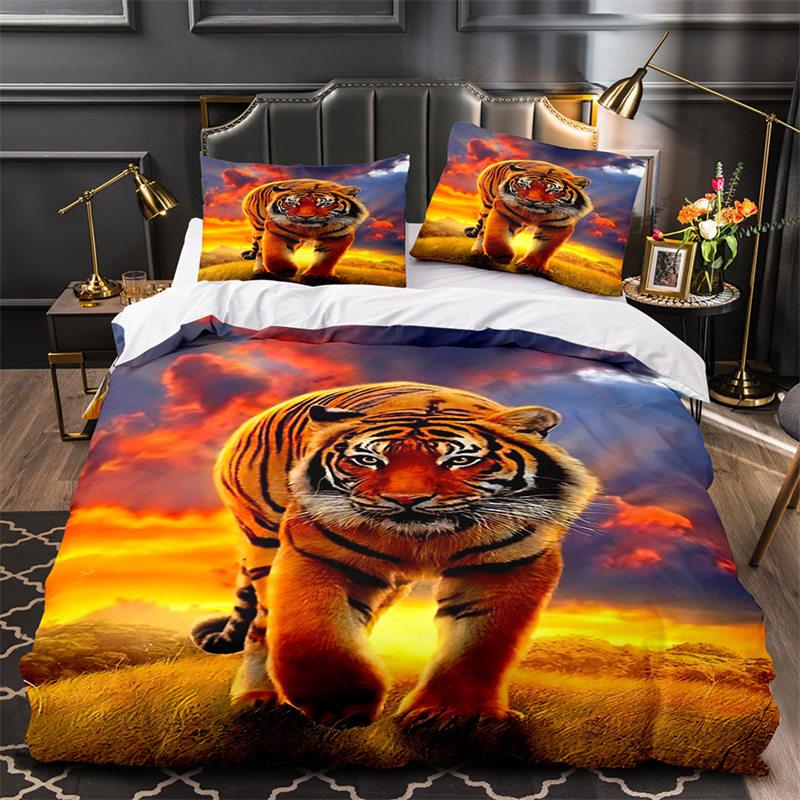 Tiger Leopard Lion Duvet Cover Set Africa Wild Animals Bedding Set 3D Red Rose Flowers Quilt Cover Twin King Queen Bedroom Decor