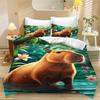 Cute Capybara Duvet Cover Single, Kawaii Animal Funny Wildlife Rodent Green Brown Bedroom Decor Quilt Cover Set for Children