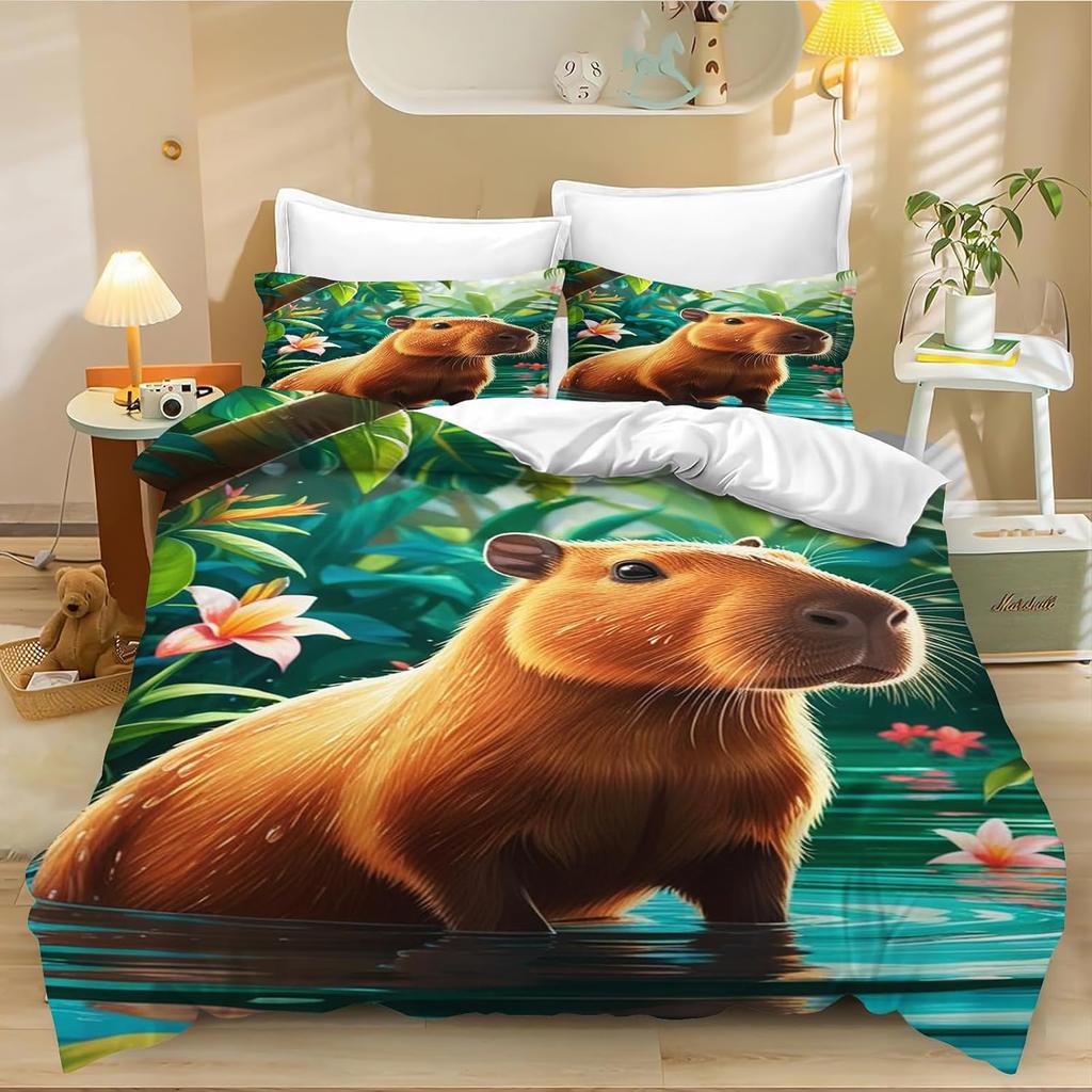 Cute Capybara Duvet Cover Single, Kawaii Animal Funny Wildlife Rodent Green Brown Bedroom Decor Quilt Cover Set for Children
