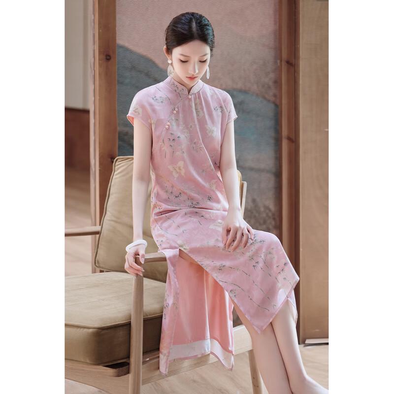 JK&JS New Chinese Style Short Sleeve Jacquard Satin Qipao Dress