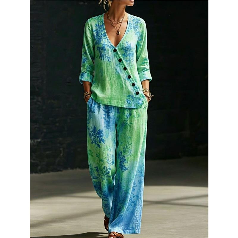 European and American Summer New Blue and White Tie-dye Gradual Change Diagonal Shirt Wide-leg Pants Two-piece Set Women's Casual Long-sleeved Suit