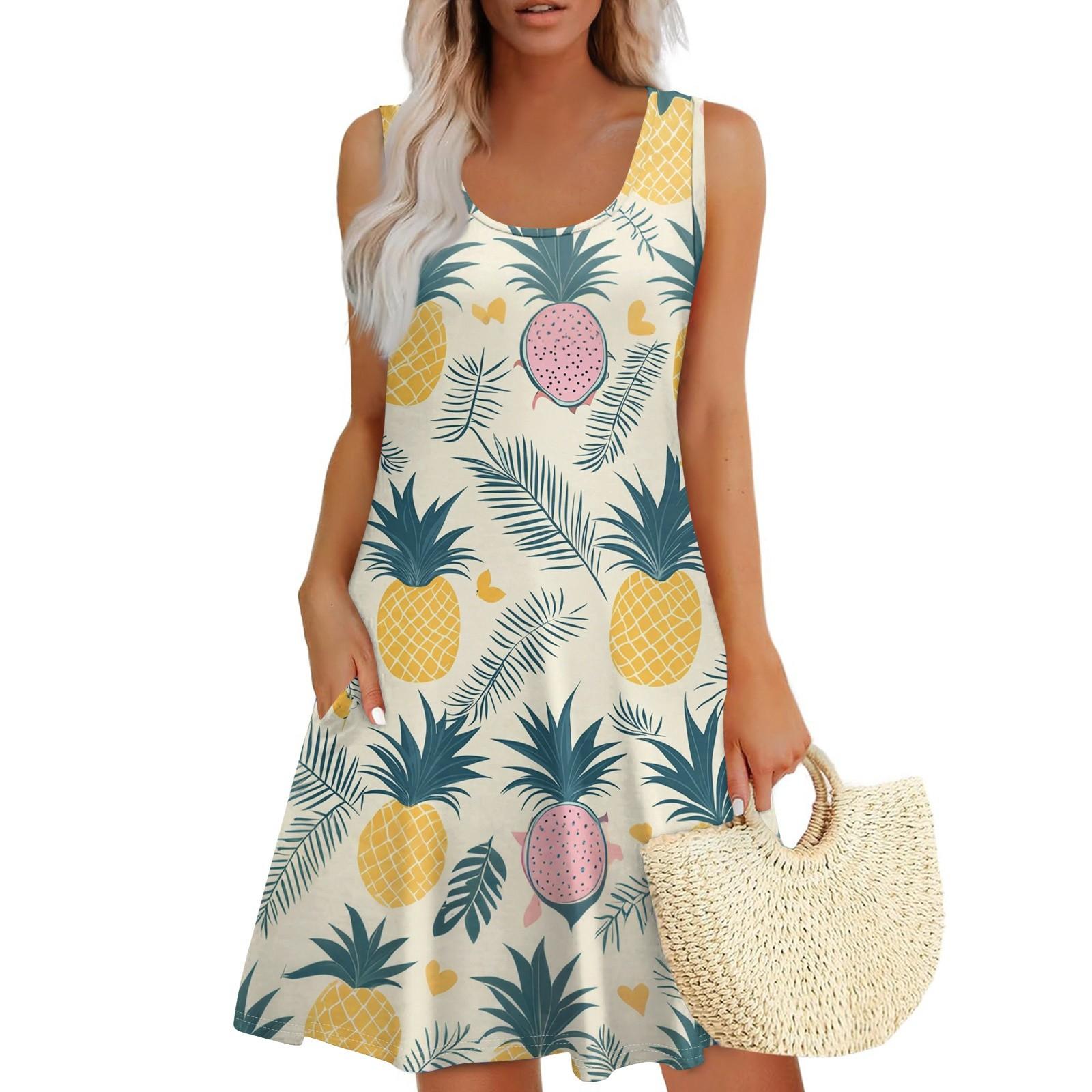 

Женское летнее повседневное платье с U-образным вырезом и цветочным принтом, платье без рукавов с карманами XL жёлтый