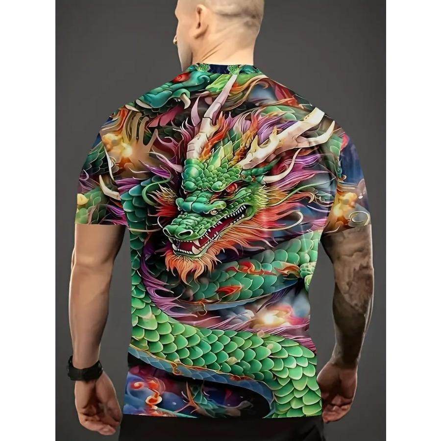 Tricou cu mânecă scurtă și gât rotund pentru bărbați cu animal dragon - Design îndrăzneț și inedit de roman grafic pentru bărbați, topuri de vară în stil outdoor