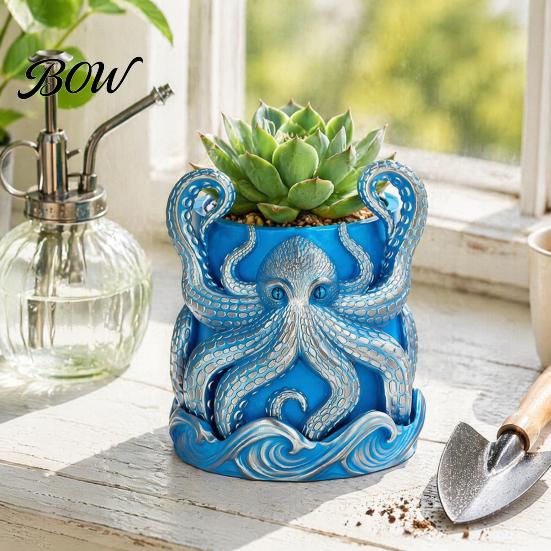 3D Printed Octopus Planter Planter, Artistic Coastal Plant Pot, Decorative Retro Ocean Theme Decor Container for Cactus, Succulents, Unique