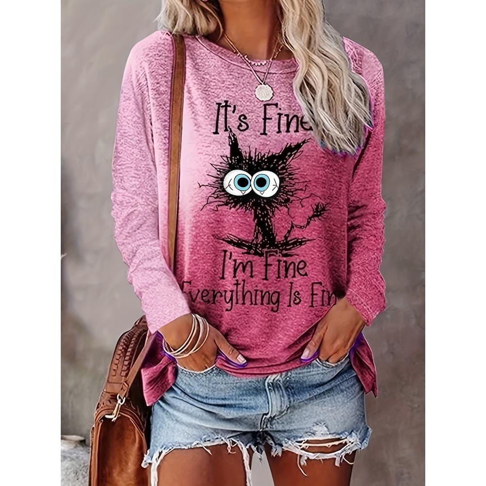 

Multicolour I Am Fine Letter Print Women s T-shirt Female Graphic Crop Top Long Sleeve Blouse Women s Clothing Cheap Shirts XL