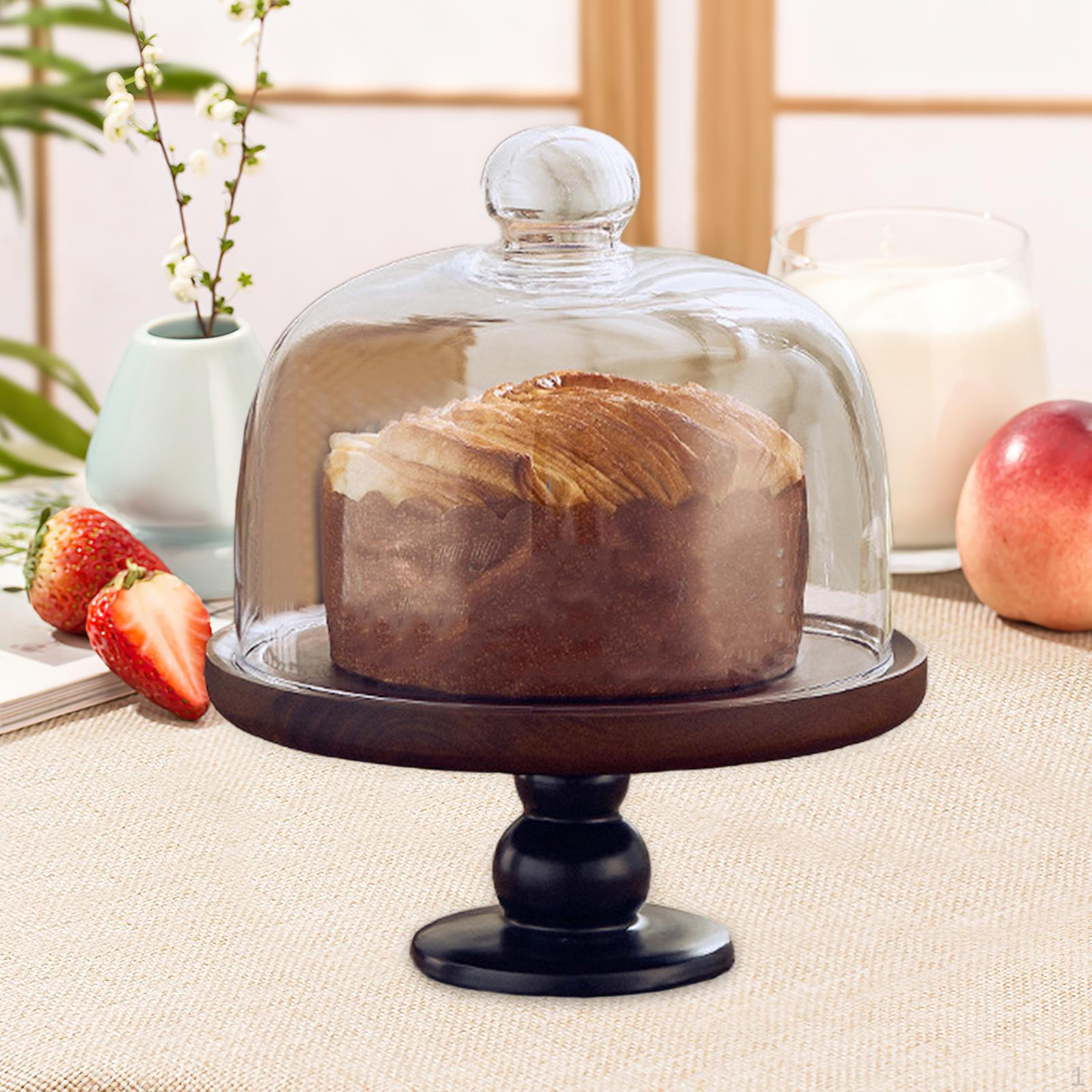 Elegant Wooden Cake Display Stand with Glass Dome Cover 12x11.7x26cm
