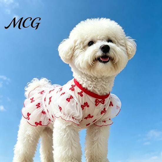 Bow Pattern Pet Dress Sheer Mesh Dog Dress, Ruffled Cute Bowknot Loose Puff Sleeve Sleeve, Breathable Summer Outfit for Small Dogs