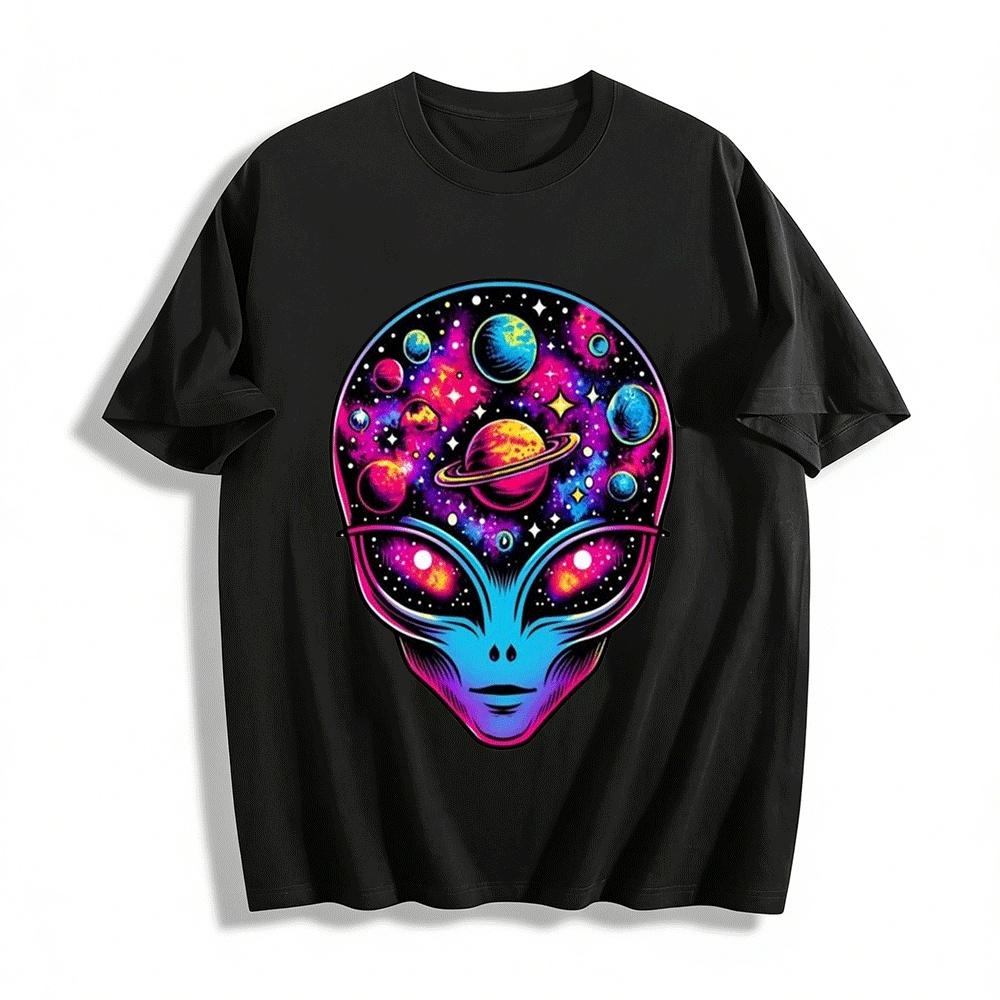 

Psychedelic Space Alien Head Graphic Casual Tee Pure cotton T-shirt XXS