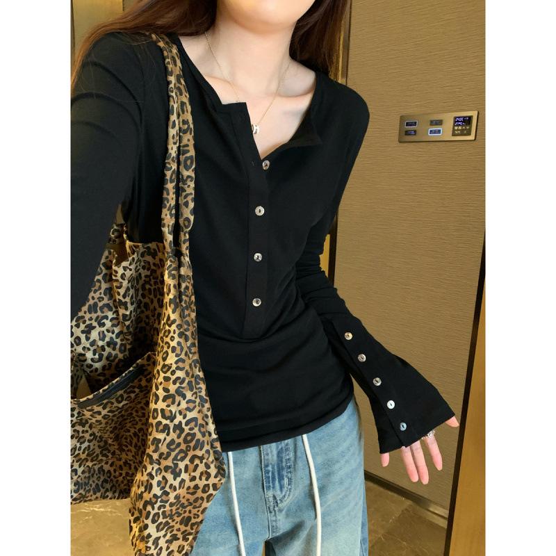 Autumn Korean Style Slimming Long-Sleeve Button-Up T-Shirt